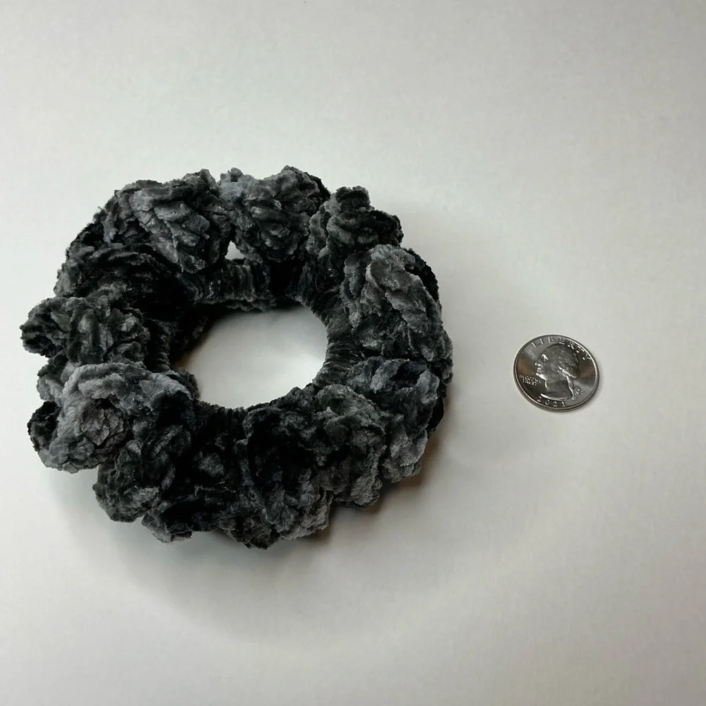 Crochet Scrunchie Oversized Hair Tie Gray Plush Crushed Velvet Handcrafted
